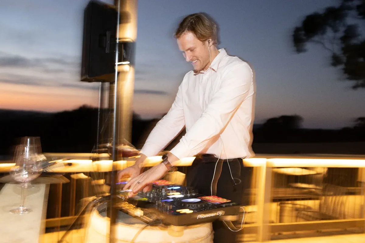 Jem Pryse DJing at golden hour